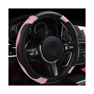 Car Steering Wheel Cover, 15 Inch Leather Breathable Auto Steering Wheel Protector, Comfortable Non-Slip Vehicle Steering Wheel Covers, Universal Interior Car Accessories (Black+Pink)