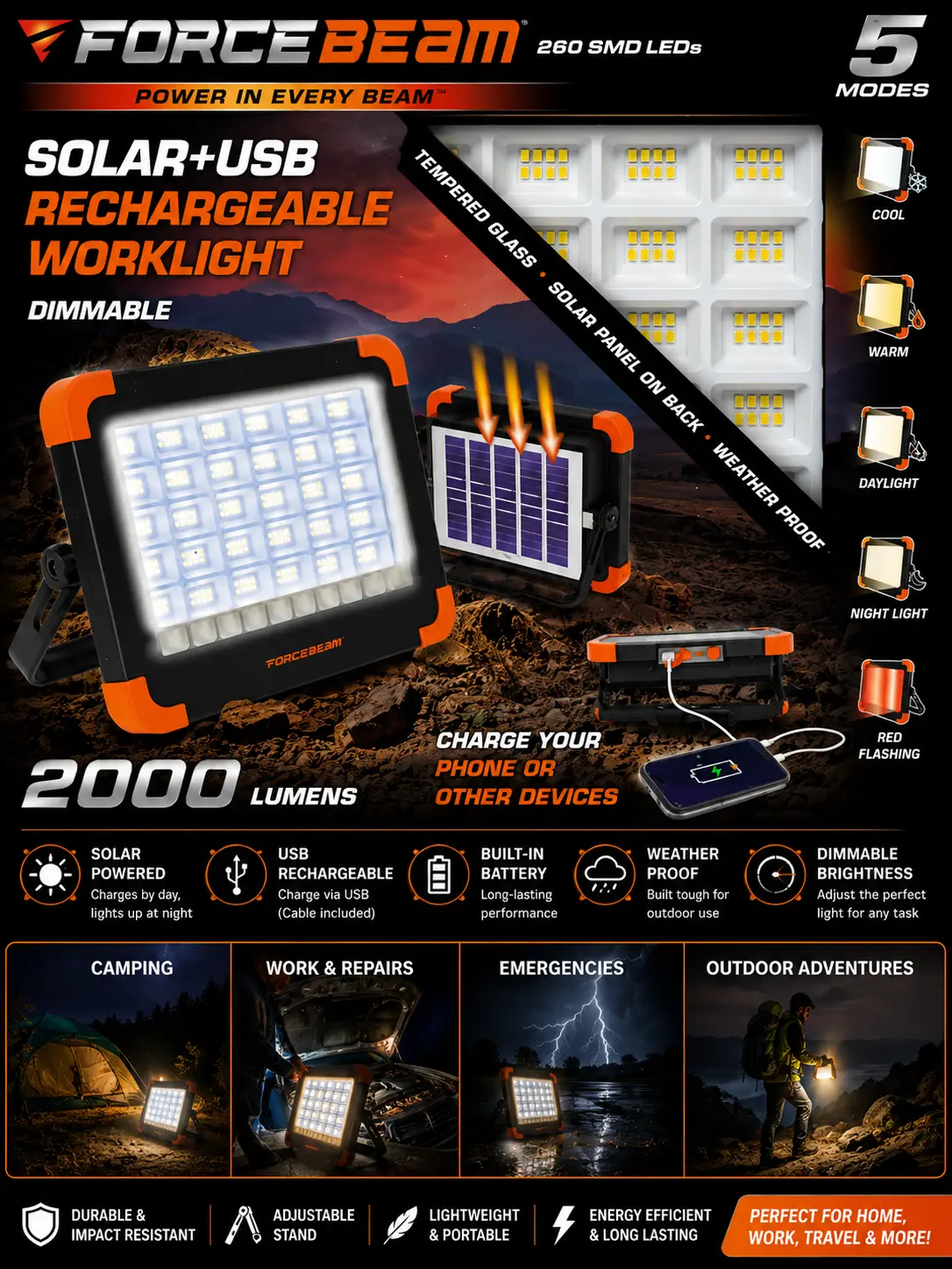 $99.99 MSRP FORCE BEAM Solar + USB Rechargeable Work Light – 2000 Lumens 5-Mode LED