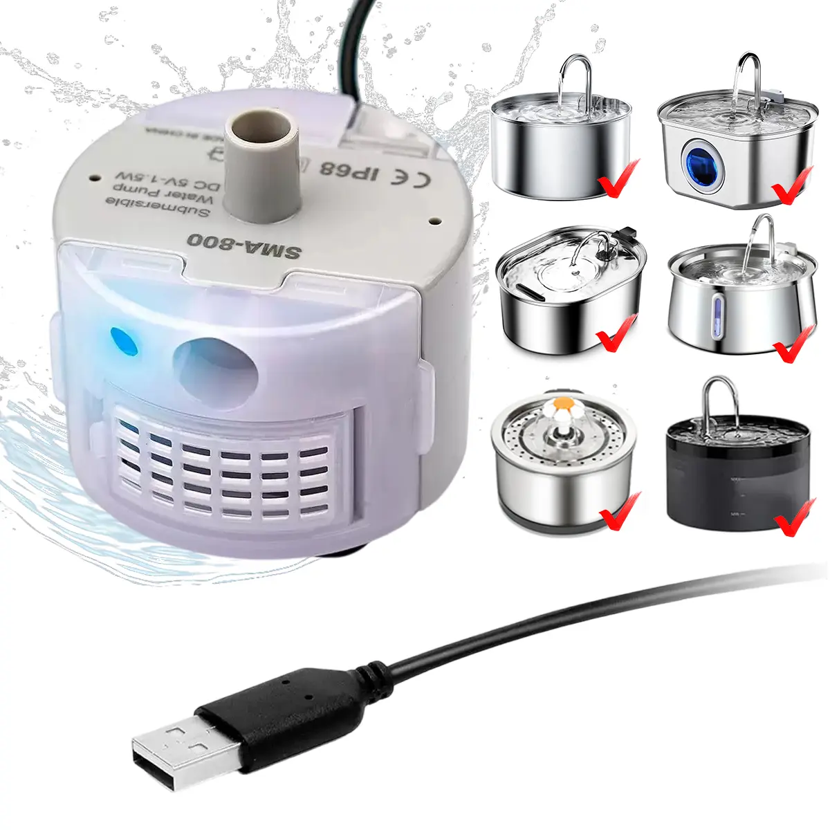 SMA-800 Cat Water Fountain Pump, Stainless Steel Pet Water Dispenser Replacement Water Pump, Suitable for Cat and Dog Water Dispensers, Automatic Water Feeder