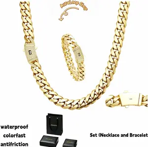 Auraloop Shop Jewelry Set 2-Piece Set: 14K Gold-Plated Cuban Chain Necklace and Bracelet Features innovative rust-proof technology for comfortable wear and hypoallergenic properties. Available in 6mm/8mm/10mm/12mm/14mm sizes.