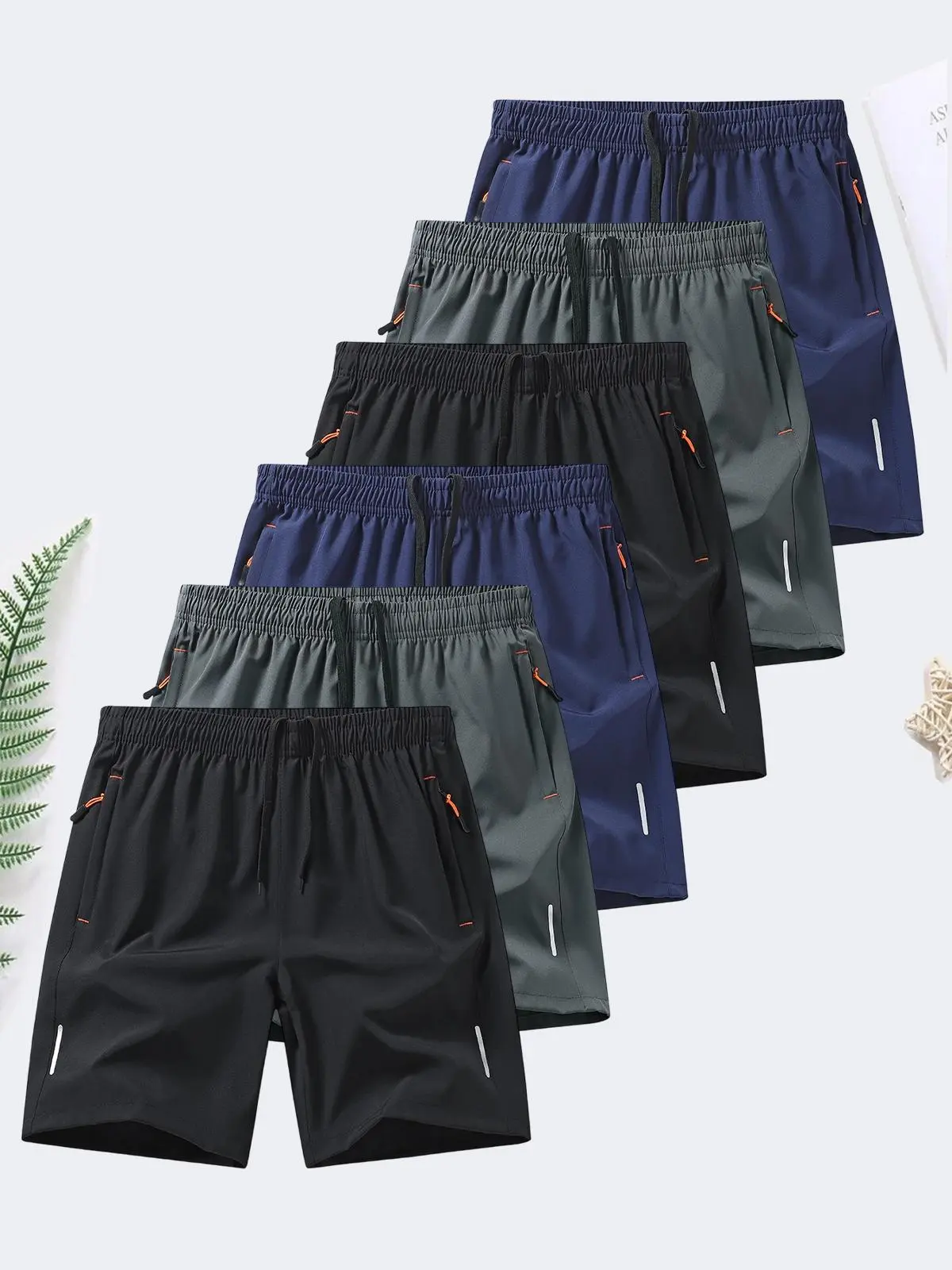 6-piece set: men’s zip-pocket shorts; summer ice-silk beach shorts; ice-feel quick-dry sports casual pants; lightweight basketball shorts; plus-size men’s clothing with reflective strip design; menswear; plain trousers; suitable for running and fitness. b 6-piece set: men’s zip-pocket shorts; summer ice-silk beach shorts; ice-feel quick-dry sports casual pants; lightweight basketball shorts; plus-size men’s clothing with reflective strip design; menswear; plain trousers; suitable for running and fitness. b