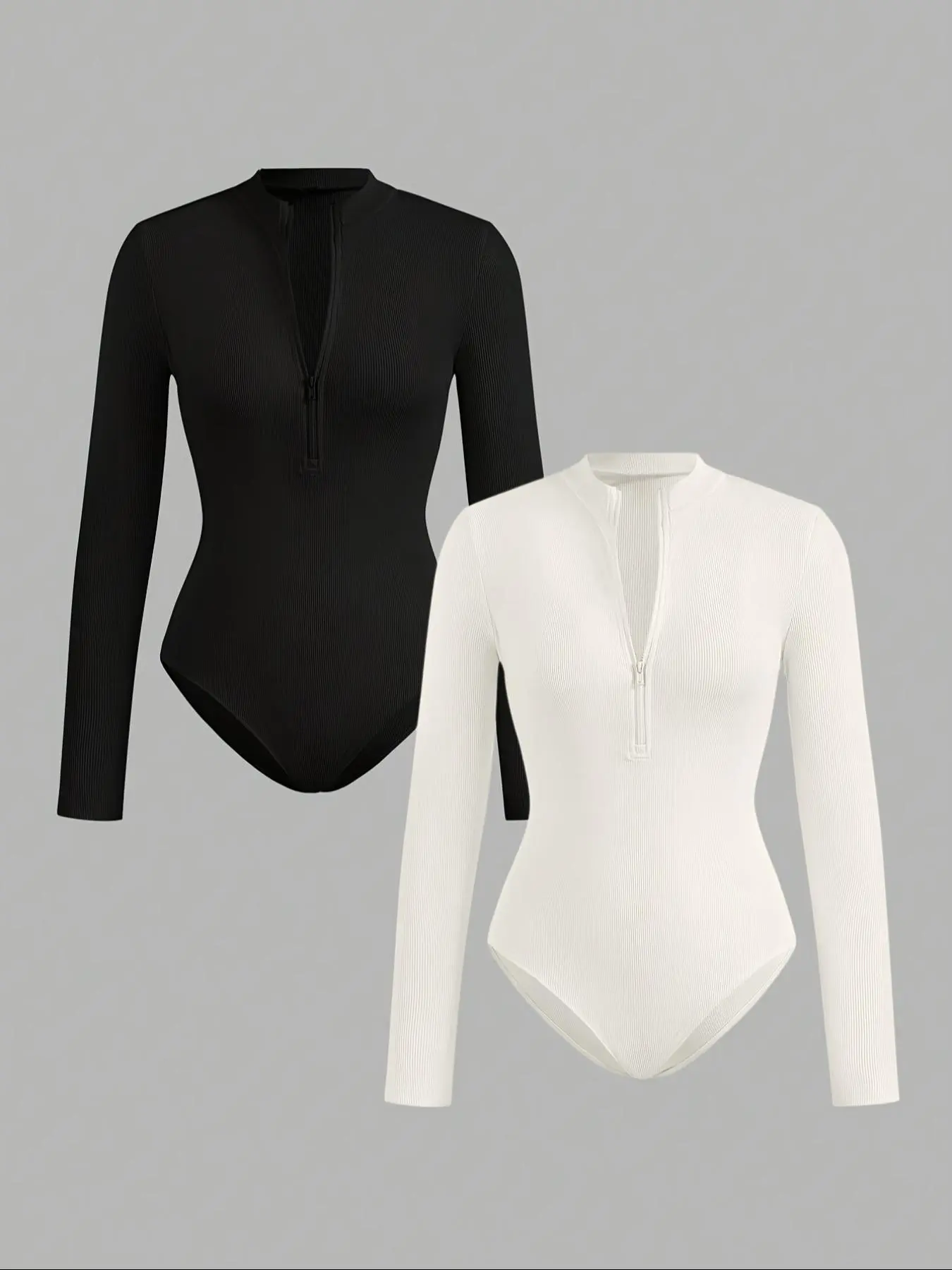 Women's Solid Zip Mock Neck Bodysuit, Casual Basic Long Sleeve Fit Fabric Bodysuit for Daily Wear, Ladies Clothes for All Seasons