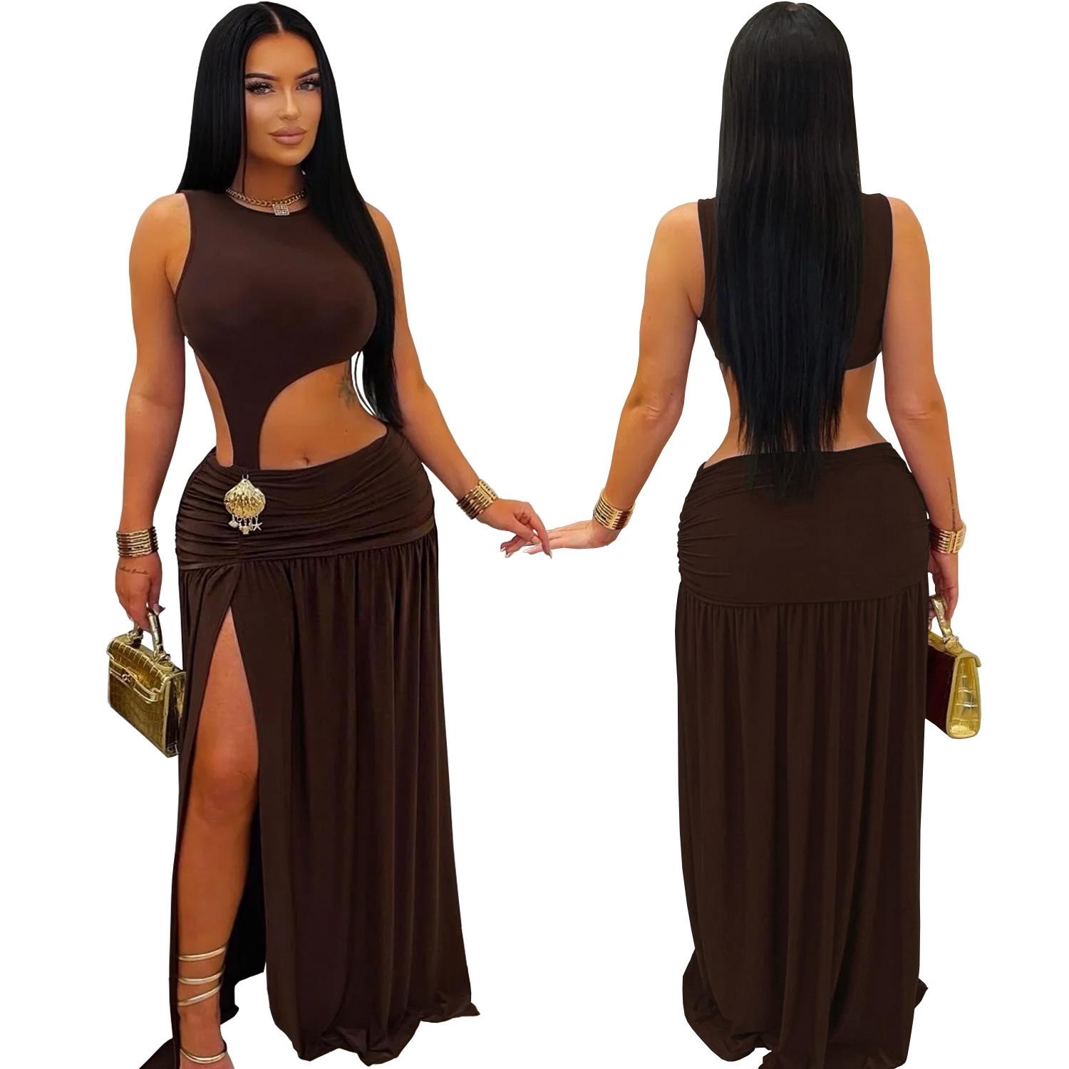 Fashion Women's Sexy Solid Color Sleeveless Crop Open Fork Dress