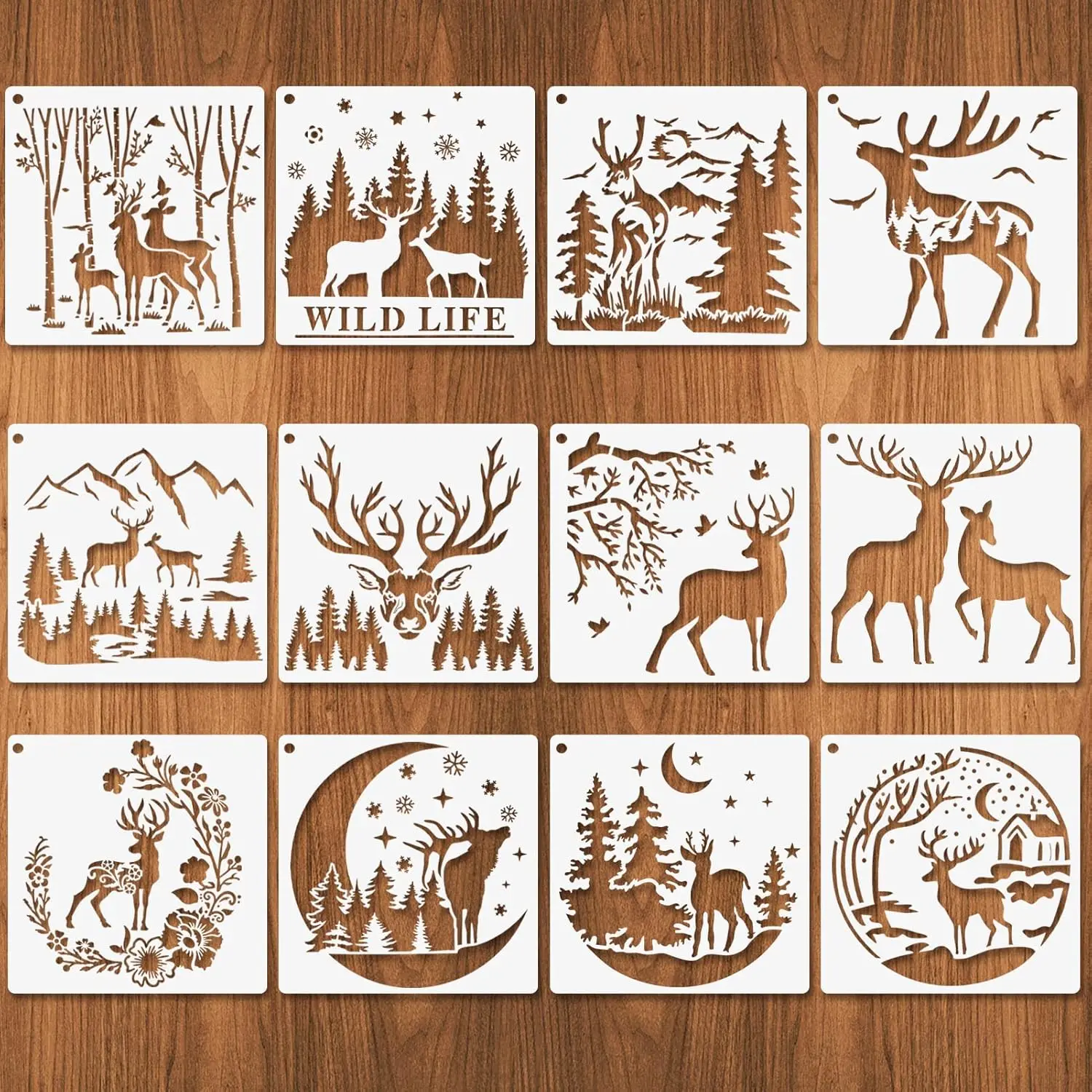 Forest Deer Stencils, 12 Pcs Deer Wood Stencils for Wood Burning, Forest Mountain Moon Tree Deer Reusable Animal Stencils for Painting on Wood Wall Furniture Home Decor 10"x10"