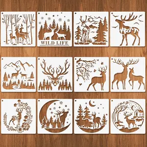 Forest Deer Stencils, 12 Pcs Deer Wood Stencils for Wood Burning, Forest Mountain Moon Tree Deer Reusable Animal Stencils for Painting on Wood Wall Furniture Home Decor 10"x10"