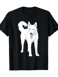 Cute White Siberian Husky Dog T-Shirt 220g 100% Cotton T-Shirt, travel outfit, all-day comfort, fall season style, Christmas Eve, modern graphic feel, Halloween, for students