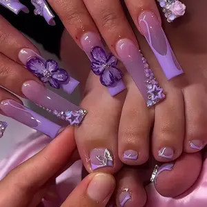 48pcs Square Full Set Nail Tips, Gradient 3D Flower Star Rhinestones, Glossy Reusable False Nails, Beach & Sandal Wear, Includes Jelly Glue & File