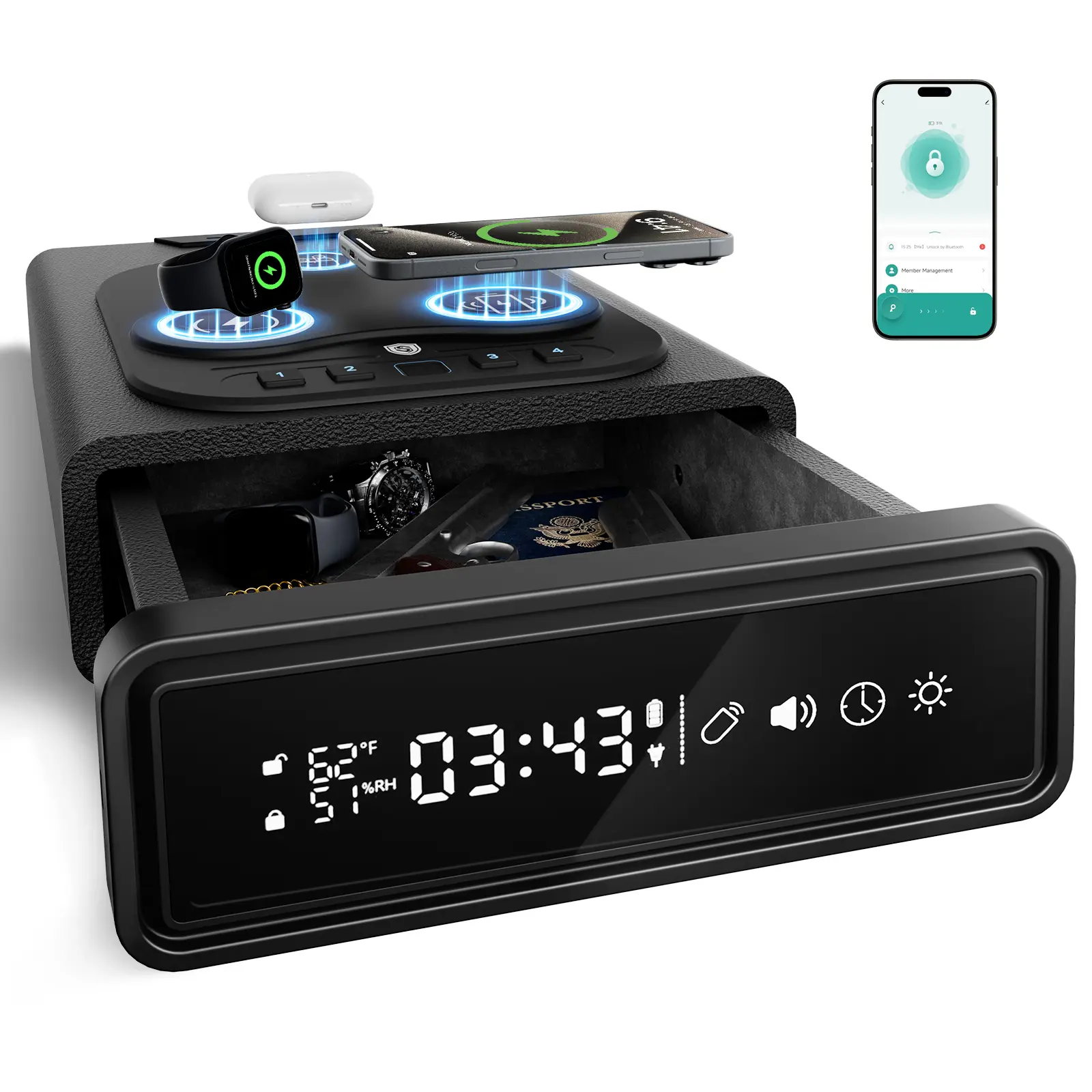 Saforo Compact Biometric Lock Fingerprint Gun Safe for Handguns - 0.1S Access Smart Control, 3-in-1 Wireless Charging Station, Home Protection Modern Safety Features Safe, Nightstand/Bedside Use, Gift for Gun Owners, Biometric Safes