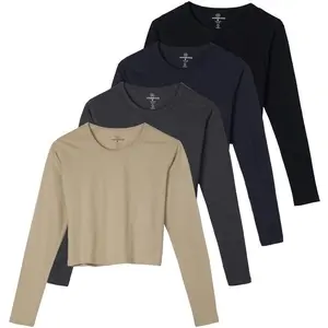 Real Essentials 4 Pack: Women's Cotton Long Sleeve Crew Crop Top - Casual Cropped T-Shirt (Available in Plus Size)(Sheet)