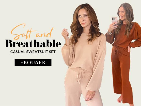Ekouaer Women's Soft and Comfortable Knitted Long Sleeve Round Neck Top and Pocket Wide Leg Pants Res Loungewear t Home Clothes 2-piece Set,Outfits for Daily, Downtown Girl Clothes. Christmas 2025 Trend, Fall & Winter Womenswear Casual