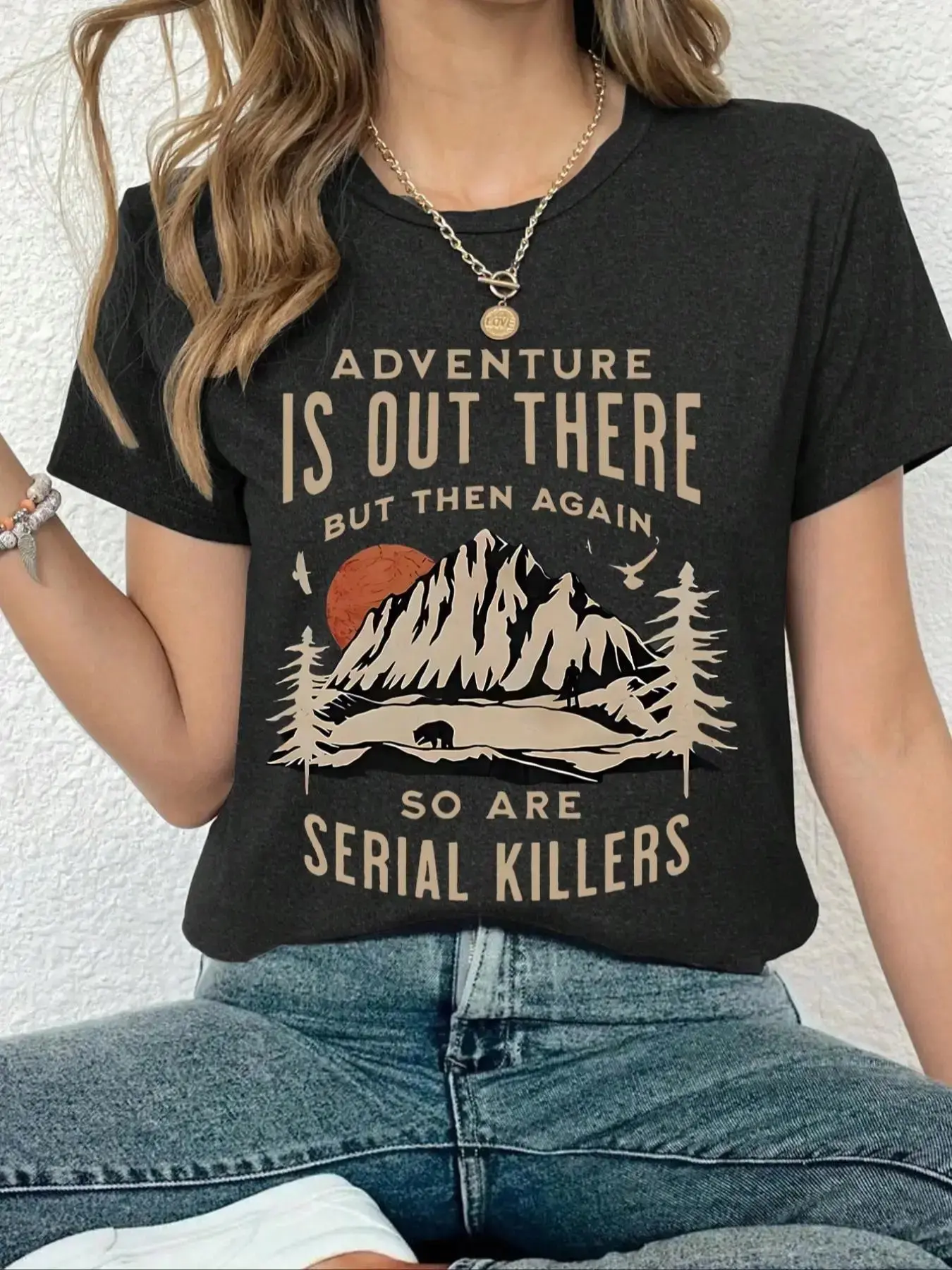 Adventure Is Out There" Mountain Hiking Graphic T-Shirt, Retro Outdoor Nature Print Oversized Crew Neck Tee, Unisex Short Sleeve Camping Cotton Top, Trendy Wilderness Aesthetic Shirt for Hikers, Outdoor Lovers and Streetwear Enthusiasts graphic tee