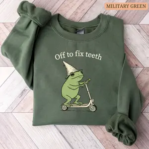 Funny Frog Dental Crew Sweatshirt Off To Fix Teeth Dentist Crewneck Gift For Dentist Dental Hygienist Dental Assistant Dental Office Sweater