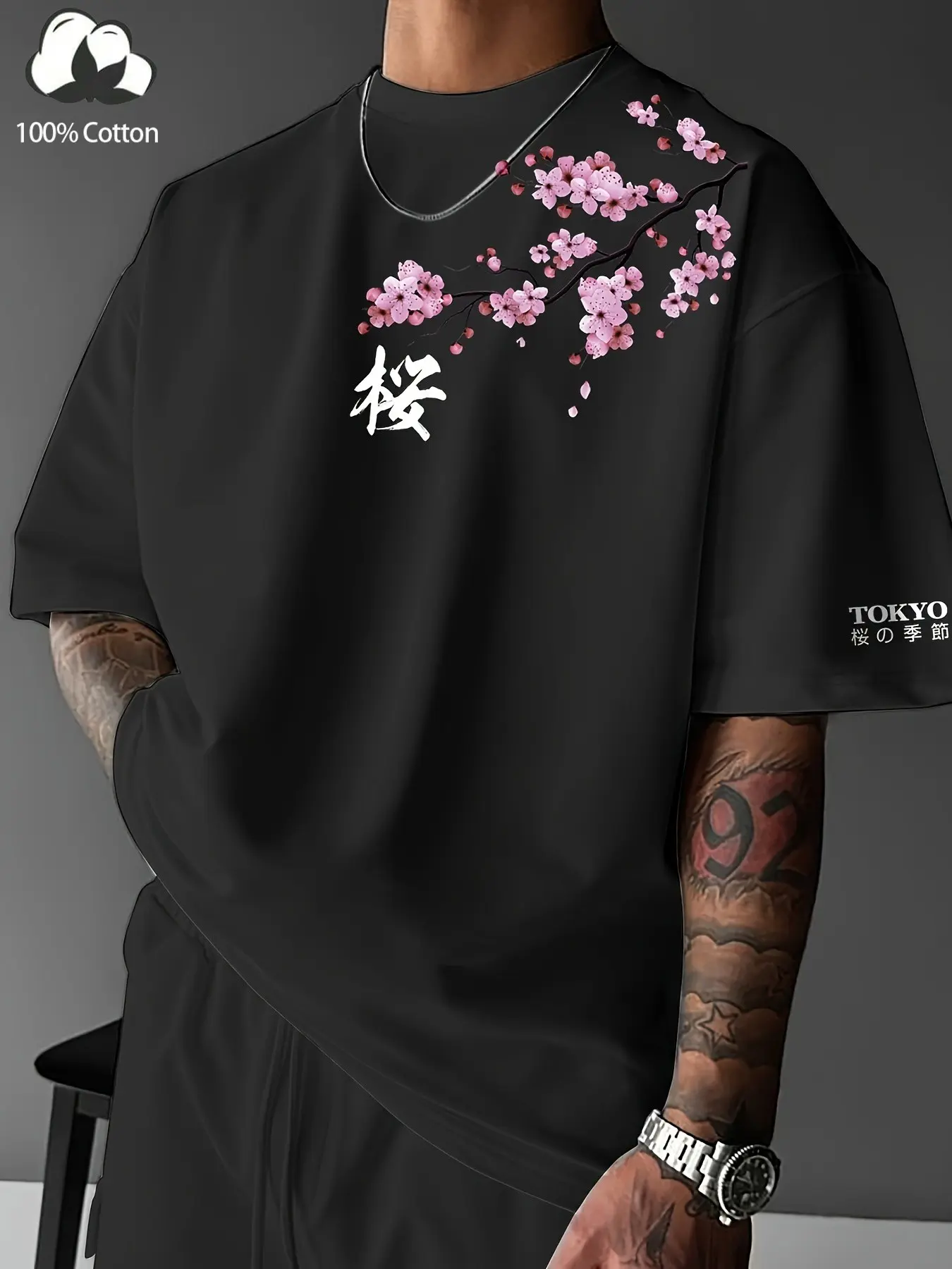 Men's Plus Size Fashion Casual Cherry Blossom Print Short Sleeve T-Shirt, 100% Pure Cotton, Lightweight and Breathable Fabric, Comfortable Fit