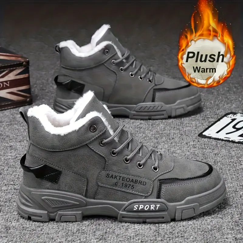 2025 Winter Men's Outdoor Waterproof & Coldproof Mid-top Fashion Sports Shoes with Thick Velvet Warm Cotton Leather Work Snow Boots 6689 Gray Non-Slip Work Shoes Footwear Boy Closed Tactical Bota