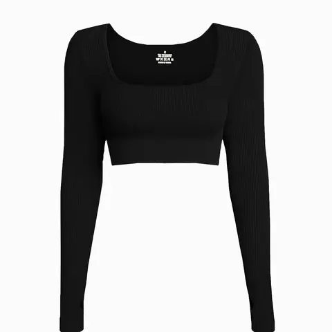 Women's Solid Color Ribbed U Neck Sports Crop Tee, fitness sport top, Athletic Apparel, Athletic Workout Clothing, Athletic Yoga Tops, Casual Sporty Long Sleeve T-shirt Gym Tees for Yoga Gym Workout Running, Ladies Fitted Sportswear for All Seasons