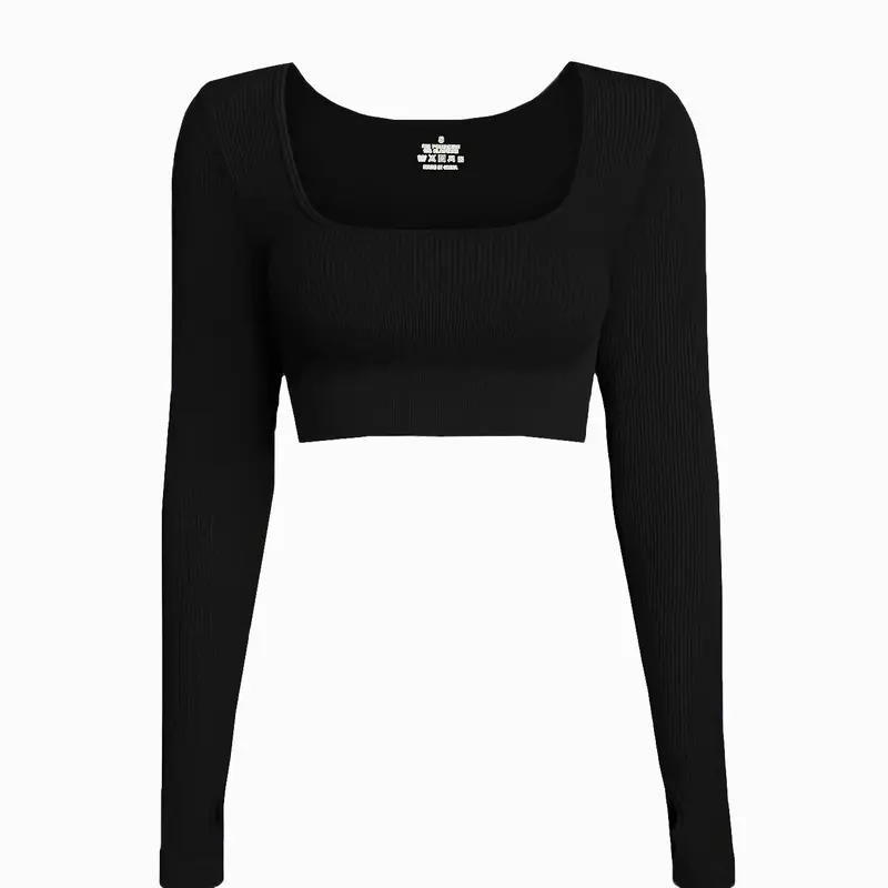 Women's Solid Color Ribbed U Neck Sports Crop Tee, fitness sport top, Athletic Apparel, Athletic Workout Clothing, Athletic Yoga Tops, Casual Sporty Long Sleeve T-shirt Gym Tees for Yoga Gym Workout Running, Ladies Fitted Sportswear for All Seasons
