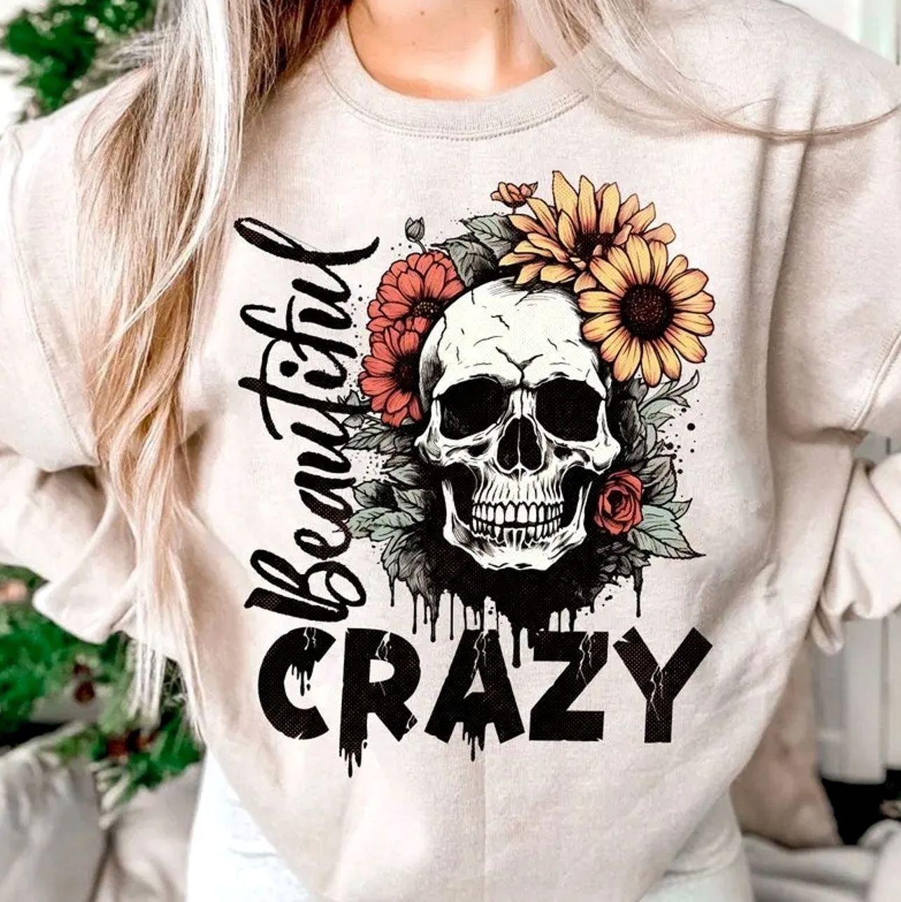 Beautiful Crazy Skull Sunflower Sweatshirt | Cute Skull Floral Graphic Crewneck | Aesthetic Unisex Pullover