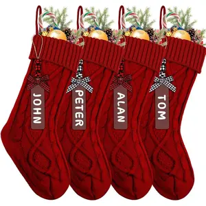 4PCS Christmas Stockings with Name Tags, 18inch Large Personalized Cable Knitted Xmas Hanging Stocking Decorations for Holiday Christmas Party Family Decor (Red)