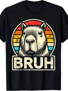 Funny Capybara Bruh Meme T-Shirt | Retro 80s Inspired Vintage Graphic Tee with Capybara Face & Rainbow Design - Unisex Adult Casual Shirt for Men & Women - 220gsm Heavyweight - Crew Neck, Regular Fit, All-Season Wear