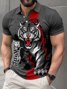 Men's 3D Digital Graphic Tiger Print Polo Shirt, Fitted Short Sleeve, Casual Streetwear Aesthetic, Realistic Animal Pattern, Pure Color Collar Design