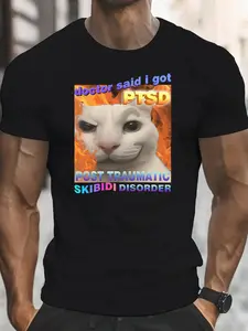 Skibidi Disorder Funny Cat  T-shirt, Silly Cat T-shirt, Funny Proverb T-shirt, Men's Top, Gift T-shirt, Summer, Daily Casual, Round Neck Short Sleeve, Fashionable Men's Wear