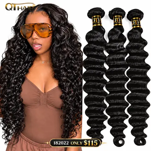 QTHAIR Hair 100% Human Hair Loose Deep Wave /Deep Wave Bundles Sew In Quick Weave Ponytail Closure Extensions 14-30 Inches curly bundle One-directional Cuticles-sleek and Re-wearable Double Weft for Black Women#TikTokShopFallDealsForYou