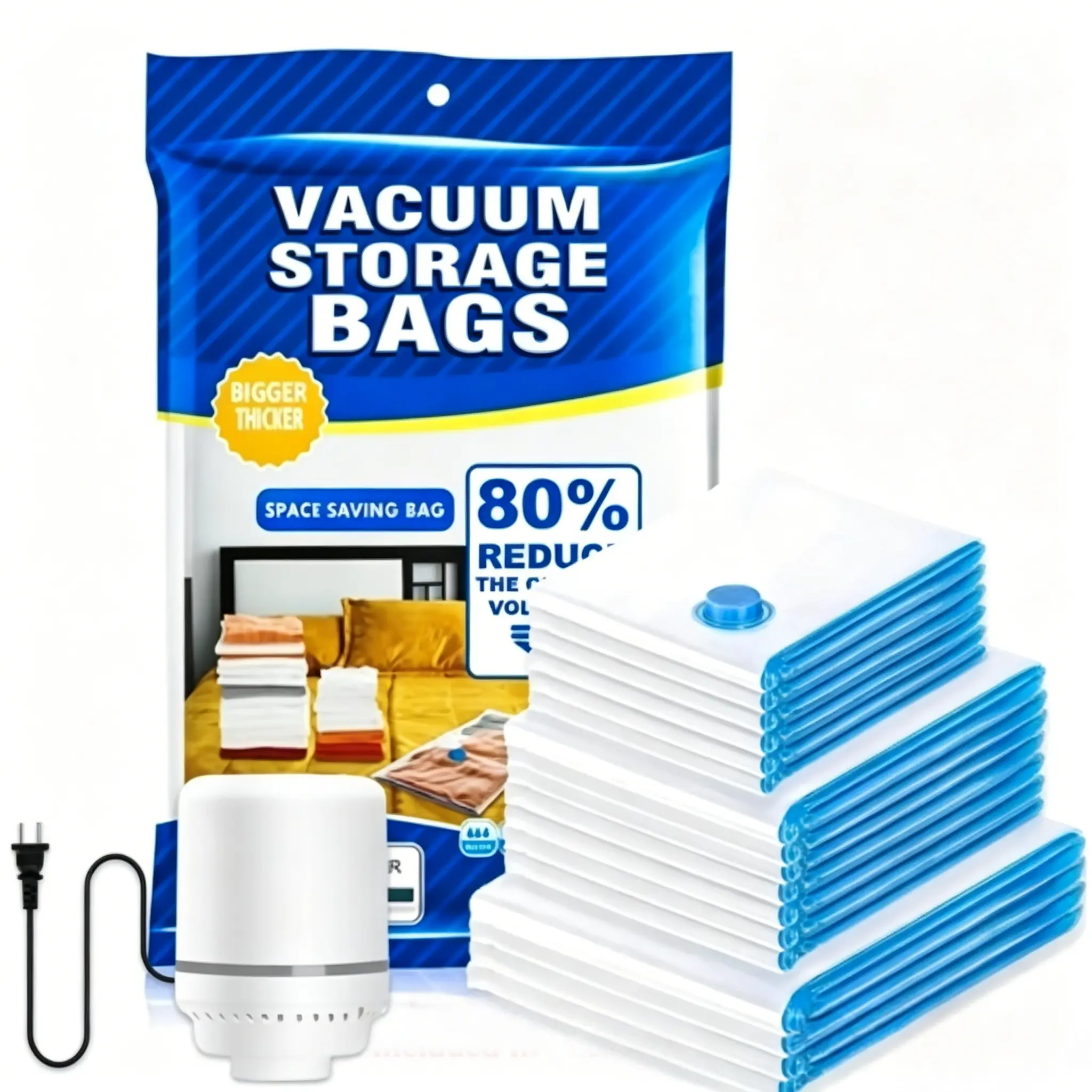 Heavy Duty Reusable Vacuum Storage Bags Kit with Electric Vacuum Pump, Airtight Space Saver Compression Bags for Clothes Comforters Blankets, Triple Seal Turbo Valve, Dust Moisture Mildew Resistant Closet Storage Organizer Organiser Pump Compression Kit