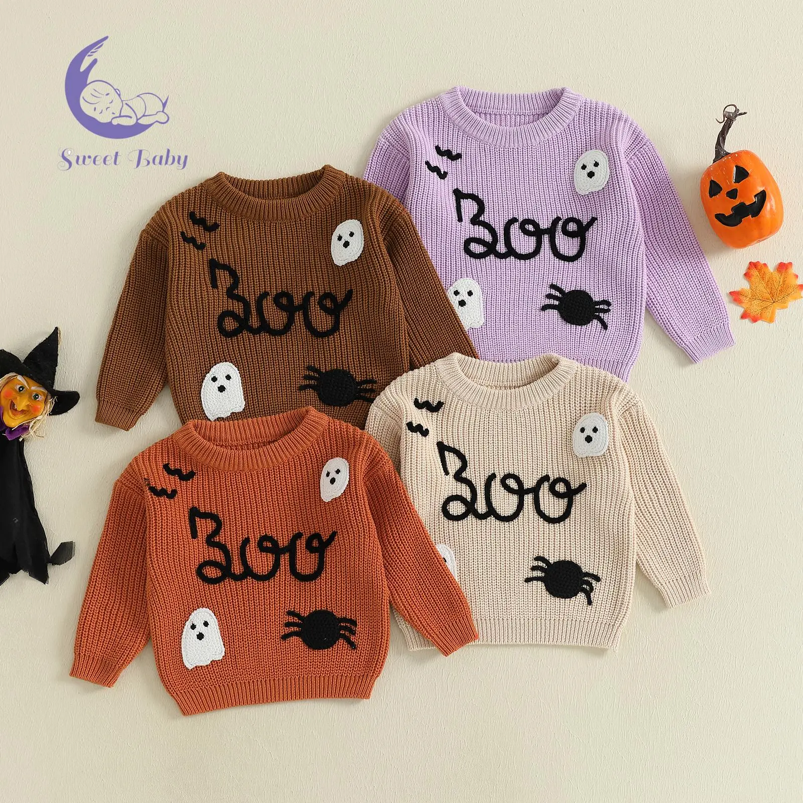 Baby Halloween Long Sleeves Sweater Casual Letter Ghost Spider Embroidery Pullover Knitwear for Toddler Warm Clothes