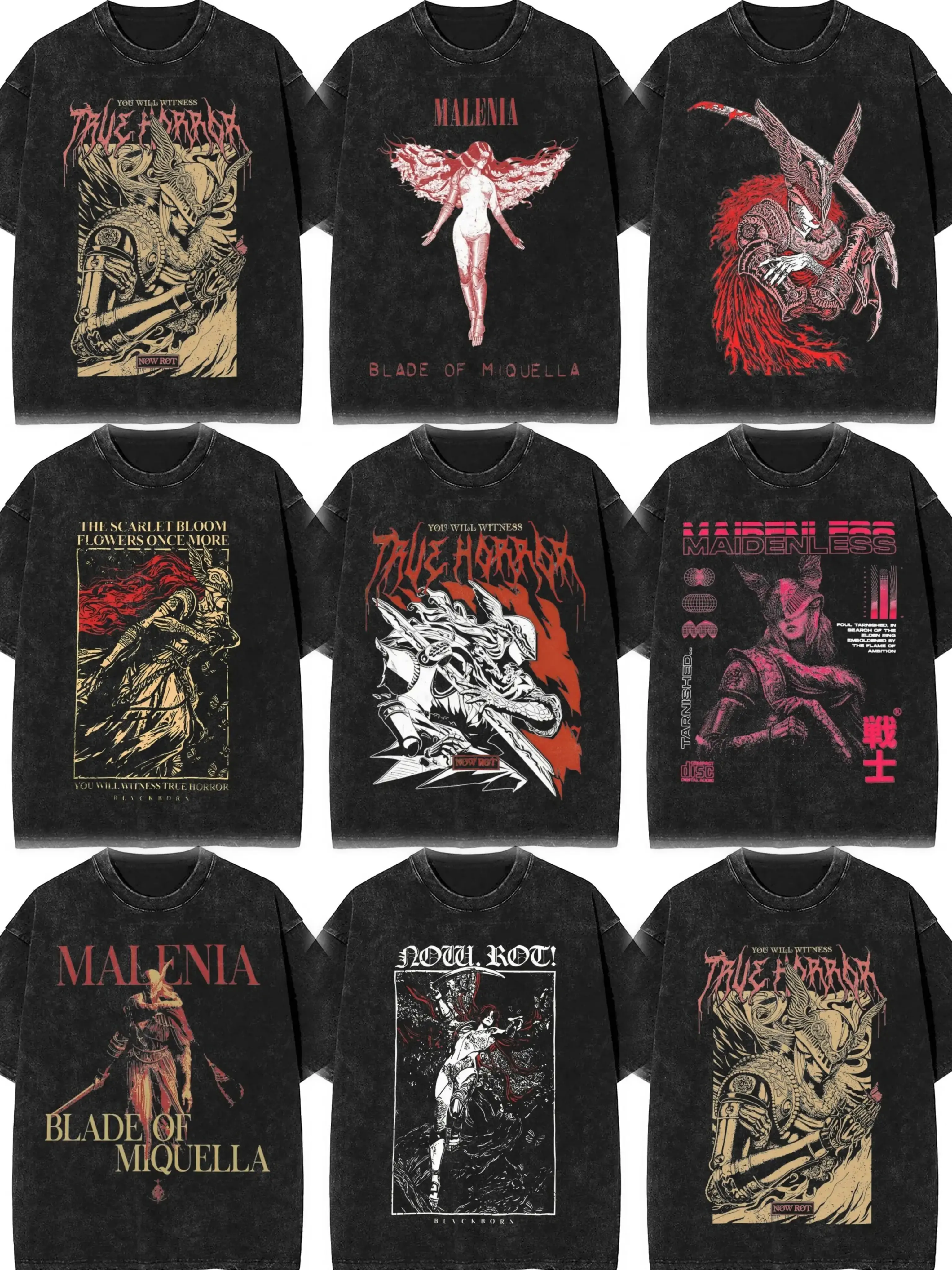 Men's Elden Ring Inspired Vintage Washed Graphic Print Casual Round Neck Tops, Malenia Blade of Miquella Dark Fantasy Gaming Menswear Tee, Tarnished Warrior Artwork, Scarlet Rot Knight Design Oversized Acid Wash Black Short-Sleeve Shirt, Loose-Fit