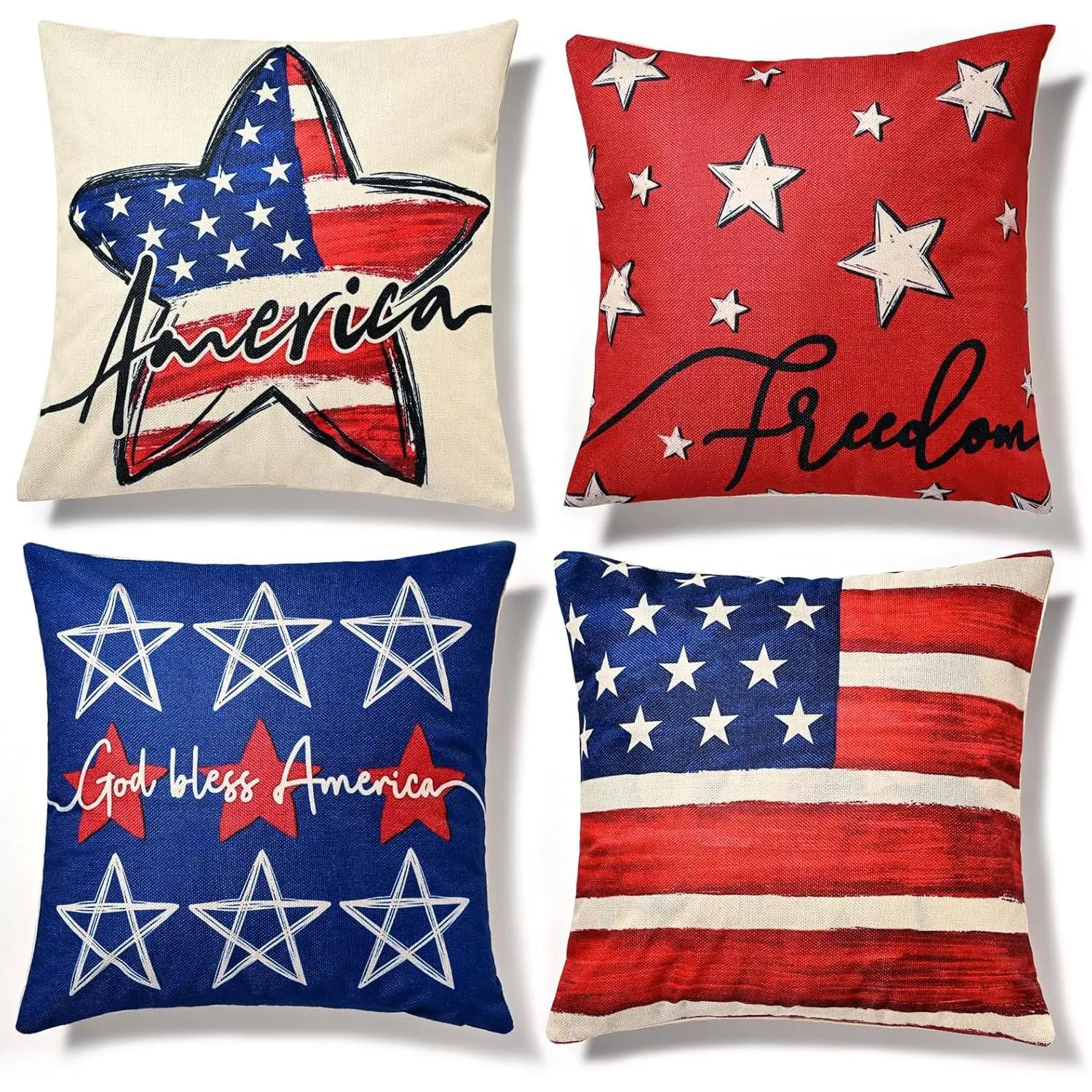 Patriotic Decor-Throw Pillow Covers 18x18 in Set of 4,4th of July Linen Pillow Case for Independence Day,Memorial Day,Veteran's Day,, Summer Outdoor Red White Blue Decorations