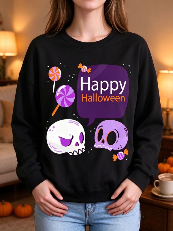 Women's Cotton Comfortable Everyday Skull Halloween Sweatshirt - Kawaii Skeleton Oversized Crewneck with Sleeves, Pastel Goth Aesthetic Casual Garment, Funny Fall Spooky Candy Outfit
