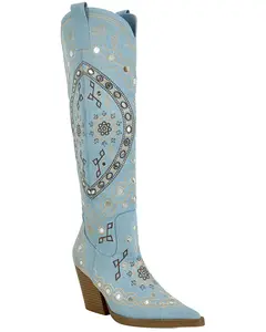 Azalea Wang Women's Aamina Embellished Denim Tall Western Boot Round Toe - Aamina-Denim