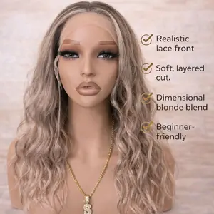 Watered Souls Ainsley  Honey Brown. 16" long Premium synthetic fibers, 13x5 free parting lace, scandinavian hairline, shadow root, 350⁰ heat tolerance, 3 combs, 2 adjustable straps, closed wefted,  and removable band. Average cap size 21.5"-23.5"