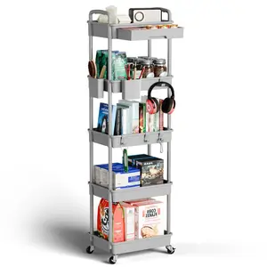 5 Tier Rolling Cart Organizer,Bathroom Cart Organizers with Wheels Laundry Room Organization Mobile Shelving Unit Utility Cart Storage Shelves Multi-Functional for Office, Home(Grey)