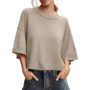 Imily Bela Womens Short Sleeve Sweater Summer Oversized Cropped Sweaters Casual Crewneck Lightweight Knit Tops