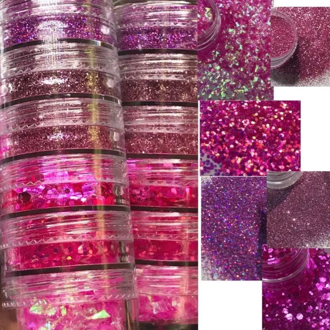 PINK Glitter Stack - Pink Glitter 6pcs chunky, PET material, cosmetic grade, solvent-resistant Makeup Eyeshadow Iridescent