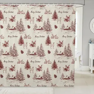 Christmas Bathroom Shower Curtain Sets, Vintage Xmas Winterland Shower Curtain, Christmas Tree Reindeer Printed Waterproof Bathroom Curtains