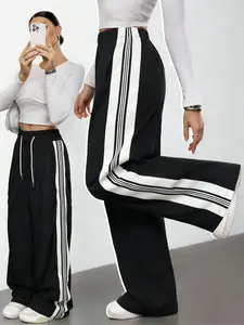 Women's Striped Wide-Leg Pants, Casual Fitted Long Trousers, Soft and Comfortable, All-Season Fashion, Sporty Leisure Wear, Activewear, Casual Fitted Bottoms