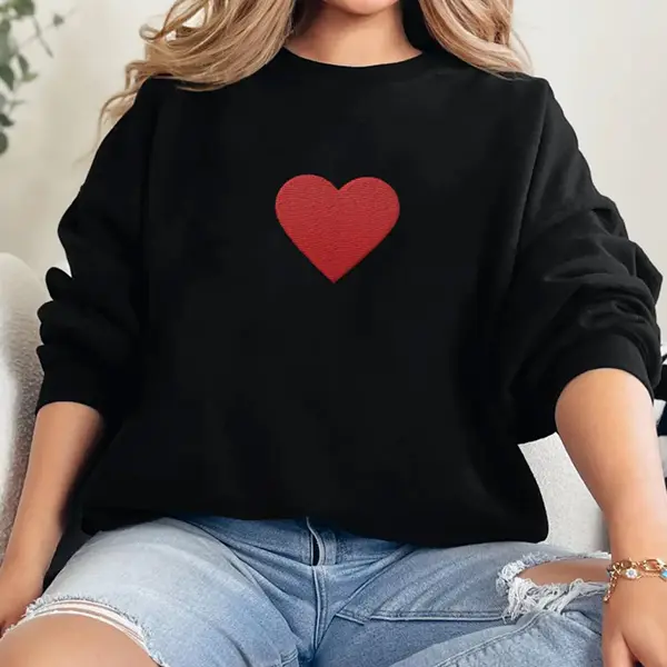 Embroidered Heart Sweatshirt, Red Heart Sweater, Cute Valentine Sweater, Simple Love Crewneck, Romantic Gift for Her
