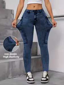 Women's Printed Skinny Jeans, Casual Fake Denim Style, Leggings, Pants, Elastic Stretchy Material, All-Season Wear, Versatile Design