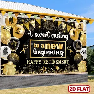 1pc 2D Flat Black Golden Retirement Banner, */70.8in* 43.3in, Celebrating Happy Retirement Party Banner, New Start Retirement Theme Banner, Polyester Retirement Banner, Wall, Indoor And Outdoor