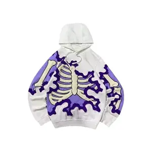 Men’s street skull skeleton 3D-printed sweatshirt for boys; winter loose-fit long-sleeve hoodie; purple Halloween avant-garde hip-hop streetwear; men’s long-sleeve menswear; purple hem streetwear tops; Halloween wetsuit