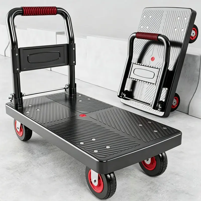 Foldable flatbed trolley with silent swivel casters, portable small cart for cargo hauling, renovation, and moving