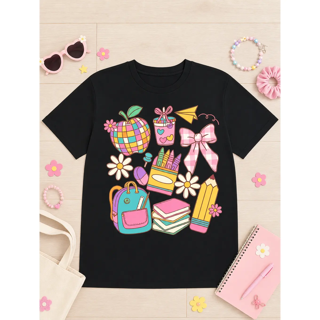 Womens Cute Back to School Graphic T Shirt Preppy Teacher Tee Pastel School Supplies Disco Apple Bow Daisy Print Casual Short Sleeve Top Gift for Teachers Students