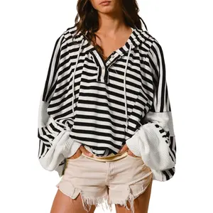 Women's Black and White Oversized Striped Henley Hooded Top with Dolman Sleeves