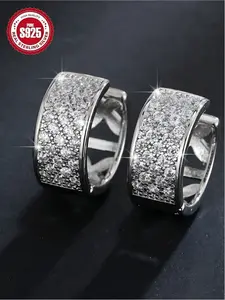 Unisex S925 Silver Zircon Earrings, Sparkling Rhinestone Hoop Studs, Trendy Hip Hop Style Jewelry for Men & Women