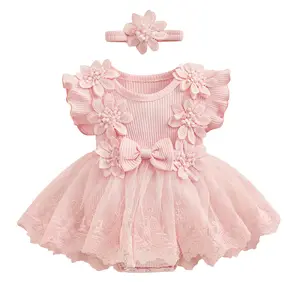 Newborn Baby Girl Floral Embroidery Lace Tulle Romper Dress Sleeveless Ruffle Tutu Bodysuit Christening Birthday Baptism Outfit