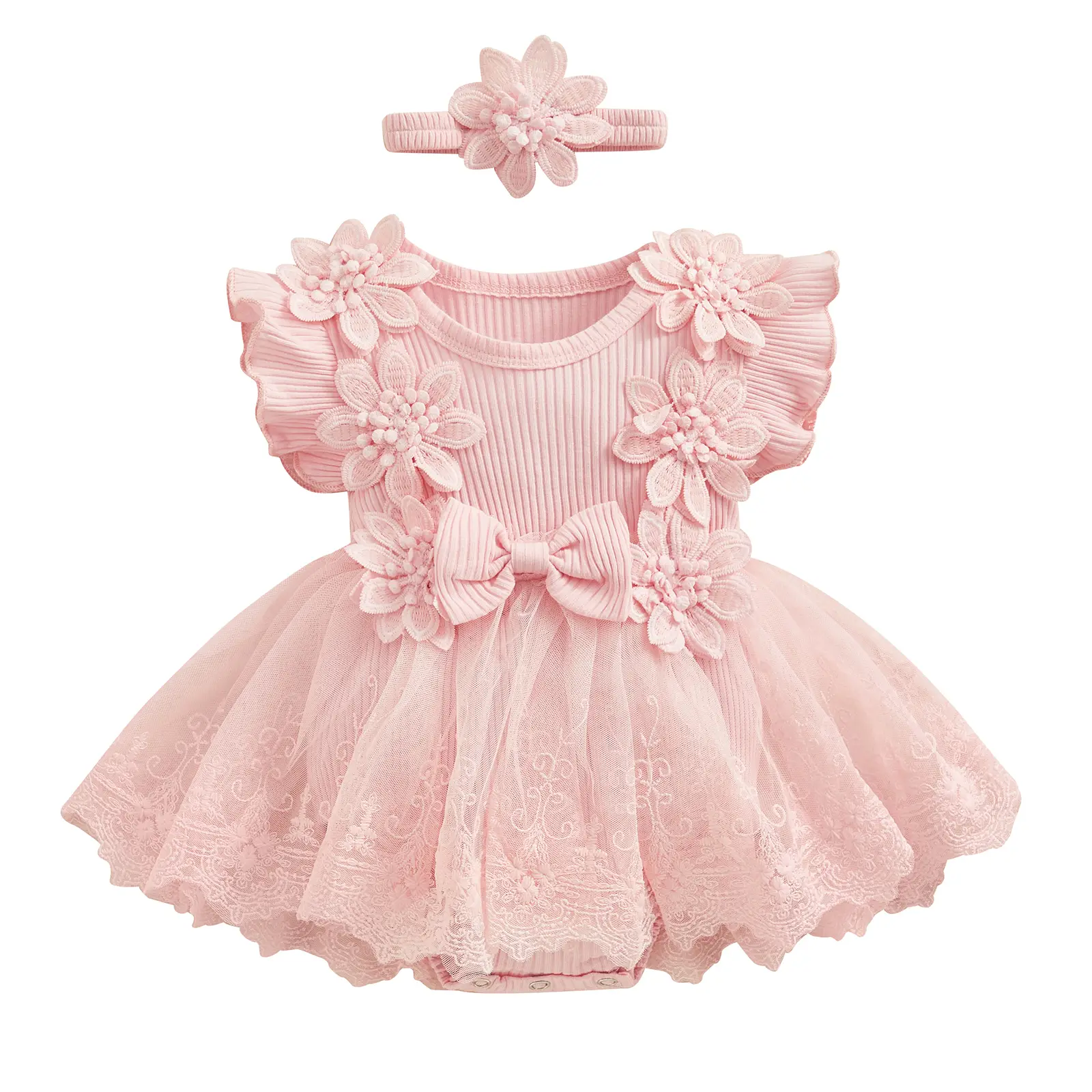 Baby Girl 2 Piece Outfits Mesh Lace Patchwork Ruffle Romper Dress and Headband Cute Fashion Summer Clothes Springtok