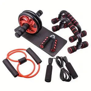 7 Pcs Abdominal Exercise Kit, Core Strength Training Gear, Push Up Bars, Ab Roller, Mini Mat, Resistance Bands, Jump Rope, Hand Gripper, Home Gym