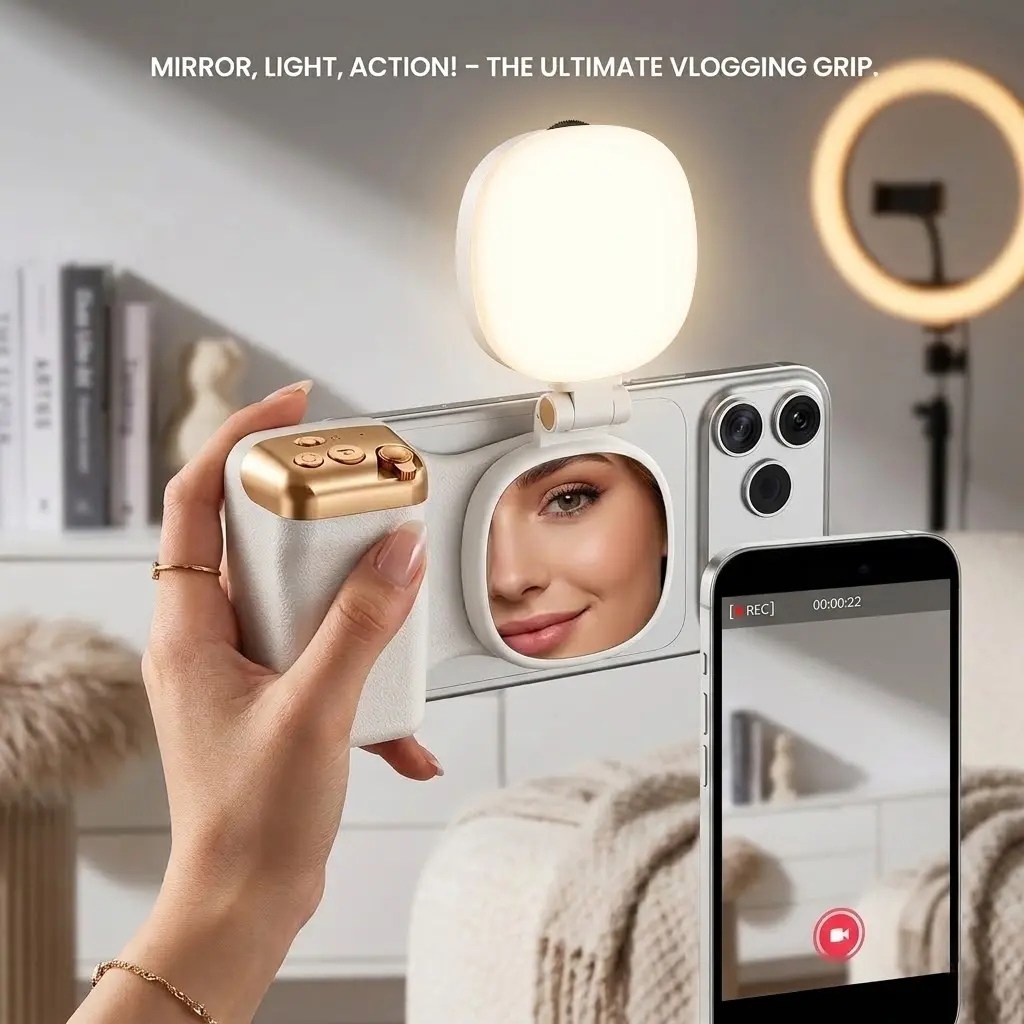 Magnetic Phone Camera Grip + Selfie Light Bundle, Creator Kit for iPhone & Android, Wireless Shutter, MagSafe Compatible, 360° Fill Light for TikTok/Vlog/Selfies/Photography